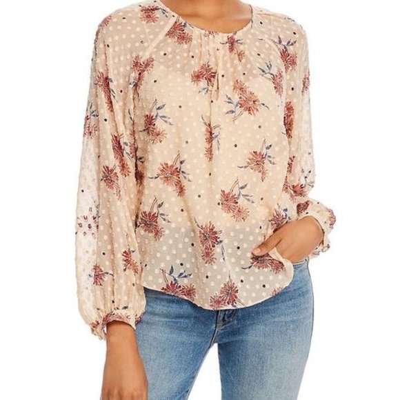 JOIE Peach Sheer Floral Polka Dot Summer Adison Silk Long Sleeve Shirt EUC sz M - Picture 6 of 16